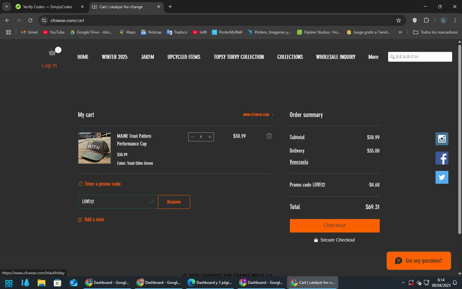CFC WEAR promo code screenshot showing code LOVE12 applied at CFC WEAR checkout page. Uploaded by SimplyCodes community member SoyLuis on Apr 8, 2025