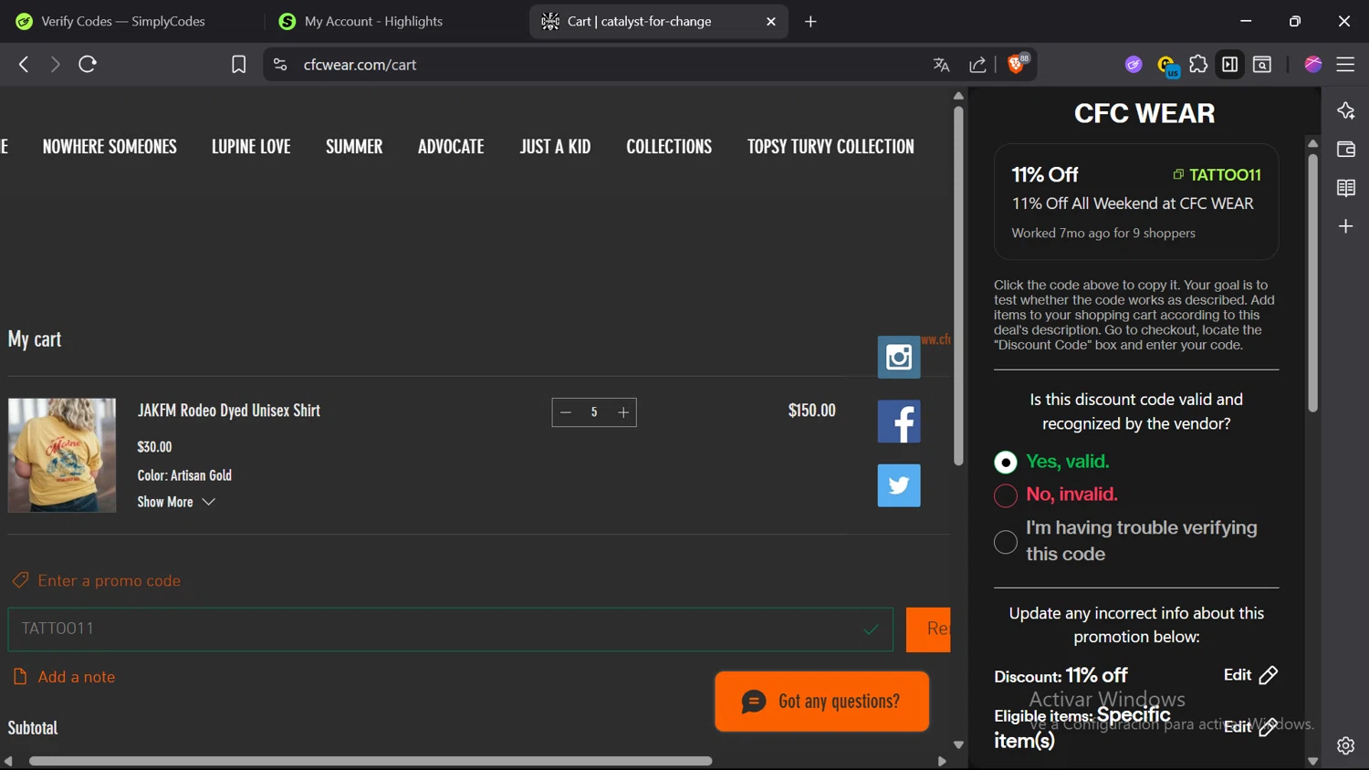 CFC WEAR promo code screenshot showing code TATTOO11 applied at CFC WEAR checkout page. Uploaded by SimplyCodes community member Elsuanfonson on Jul 17, 2025