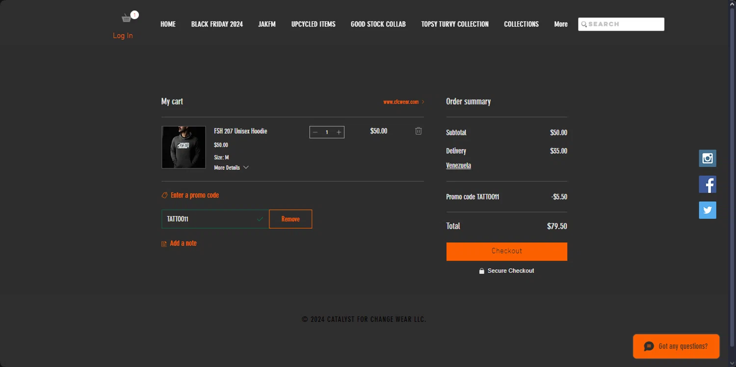 CFC WEAR promo code screenshot showing code TATTOO11 applied at CFC WEAR checkout page. Uploaded by SimplyCodes community member the_loose_cannon on Dec 29, 2024