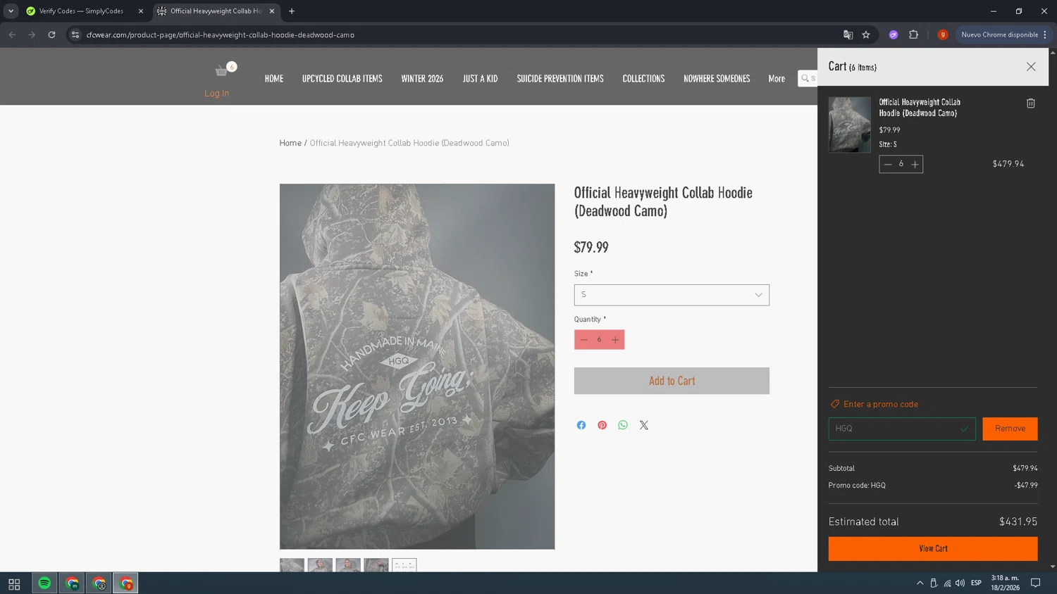 CFC WEAR checkout page showing CFC WEAR promo code box | Screenshot taken by SimplyCodes community member on Feb 18, 2026