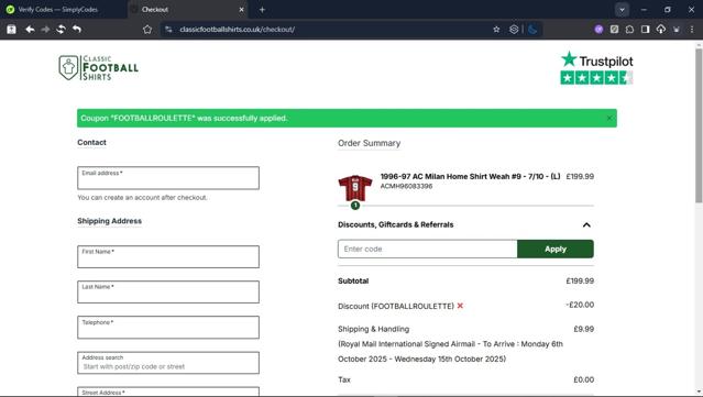 Classic Football Shirts UK checkout page showing Classic Football Shirts UK promo code box | Screenshot taken by SimplyCodes community member on Sep 9, 2025
