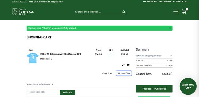 Classic Football Shirts UK checkout page showing Classic Football Shirts UK promo code box | Screenshot taken by SimplyCodes community member on Sep 15, 2025