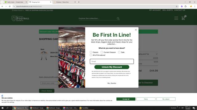 Classic Football Shirts UK checkout page showing Classic Football Shirts UK promo code box | Screenshot taken by SimplyCodes community member on Sep 9, 2025