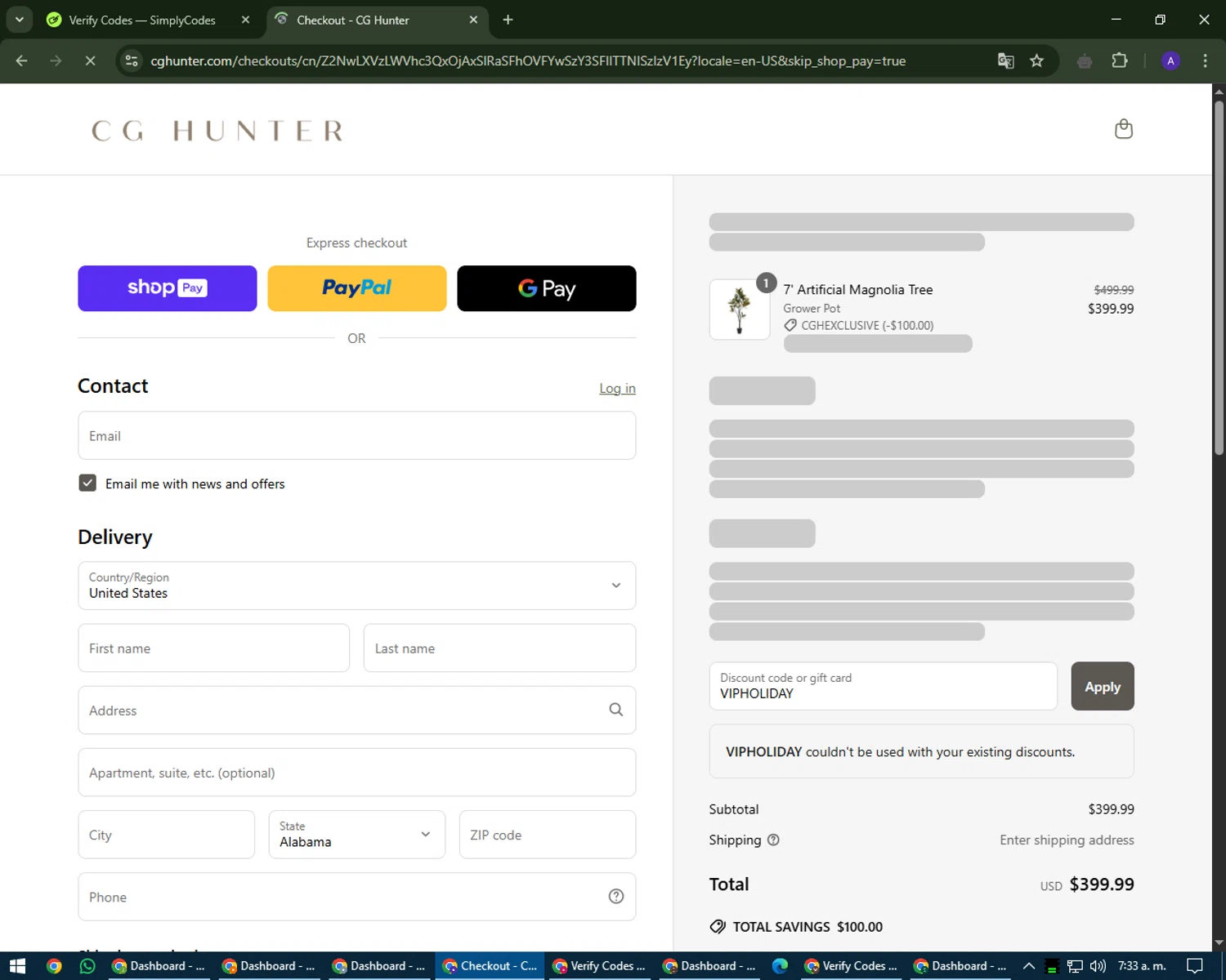 CG Hunter promo code screenshot showing code VIPHOLIDAY applied at CG Hunter checkout page. Uploaded by SimplyCodes community member MagnificentWarden4603 on May 11, 2025