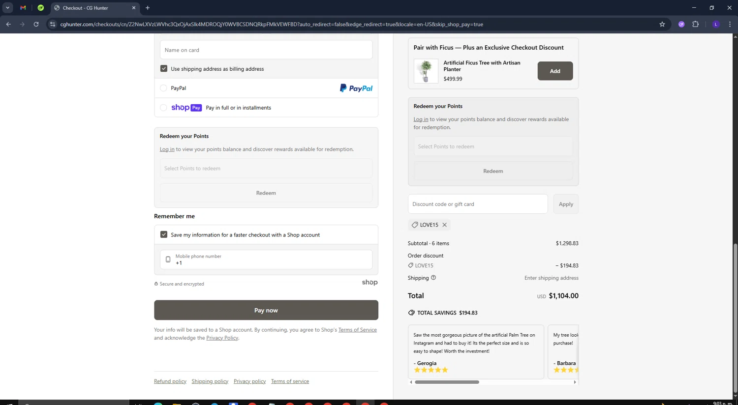CG Hunter promo code screenshot showing code LOVE15 applied at CG Hunter checkout page. Uploaded by SimplyCodes community member CoinElite8726 on Jun 21, 2025