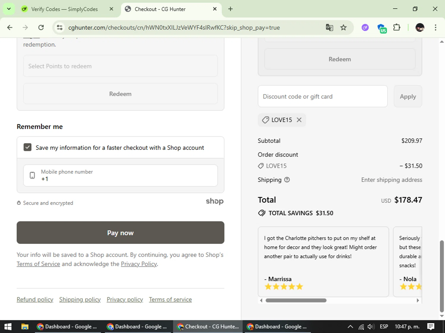 CG Hunter promo code screenshot showing code LOVE15 applied at CG Hunter checkout page. Uploaded by SimplyCodes community member WonderCurator791 on Jul 22, 2025