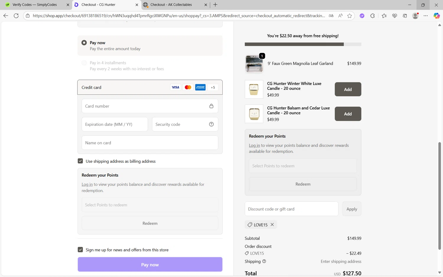 CG Hunter promo code screenshot showing code LOVE15 applied at CG Hunter checkout page. Uploaded by SimplyCodes community member juan1702 on Oct 9, 2025