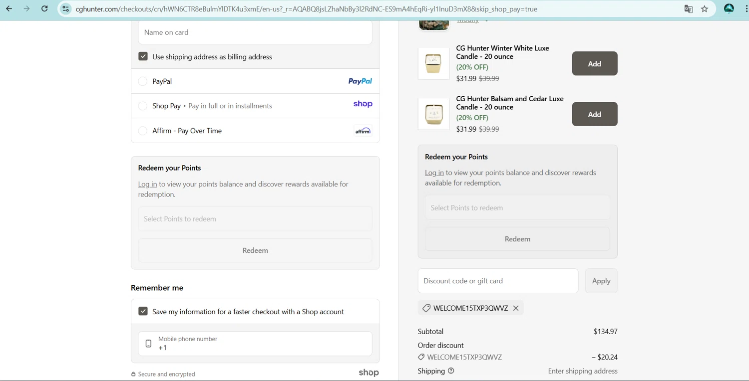 CG Hunter promo code screenshot showing code WELCOME15TXP3QWVZ applied at CG Hunter checkout page. Uploaded by SimplyCodes community member ingri85 on Dec 8, 2025