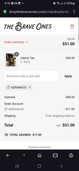 Adriana25 coupon verification screenshot