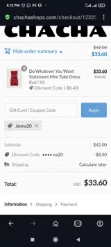 Jenna20 coupon verification screenshot