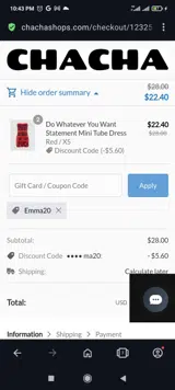 Emma20 coupon verification screenshot