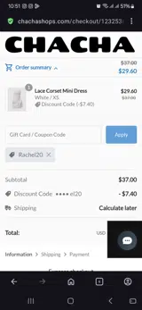 Rachel20 coupon verification screenshot