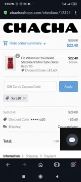 Sara20 coupon verification screenshot