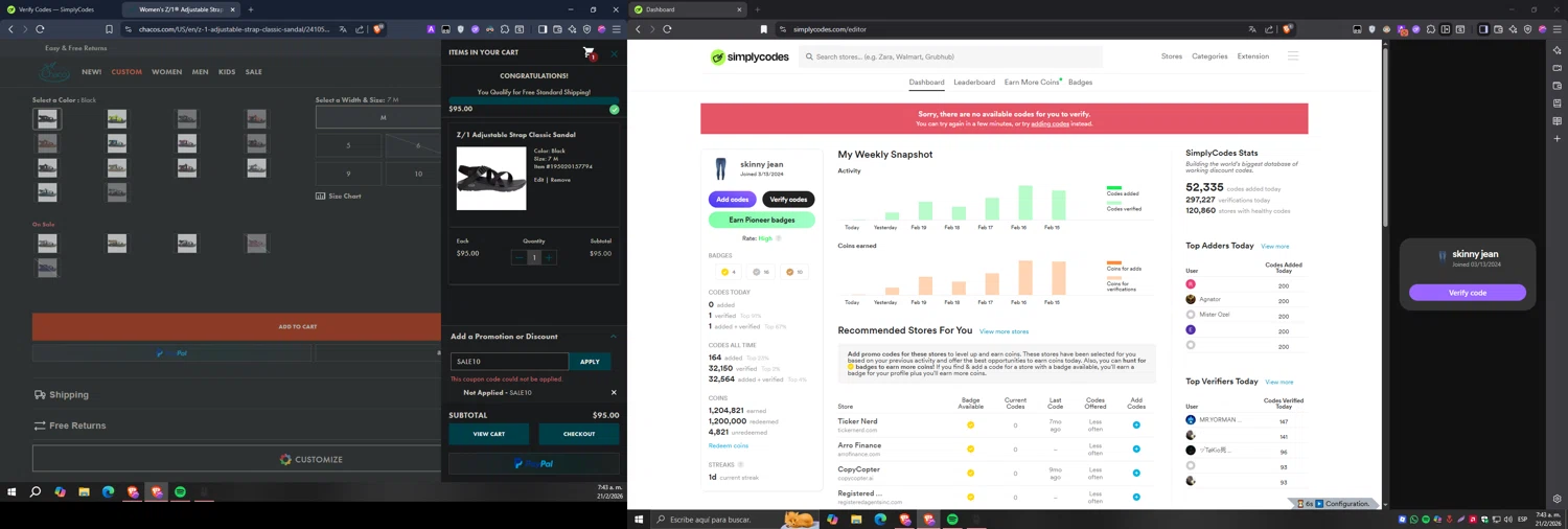 Chaco promo code screenshot showing code SALE10 applied at Chaco checkout page. Uploaded by SimplyCodes community member Carlos54 on Feb 21, 2026