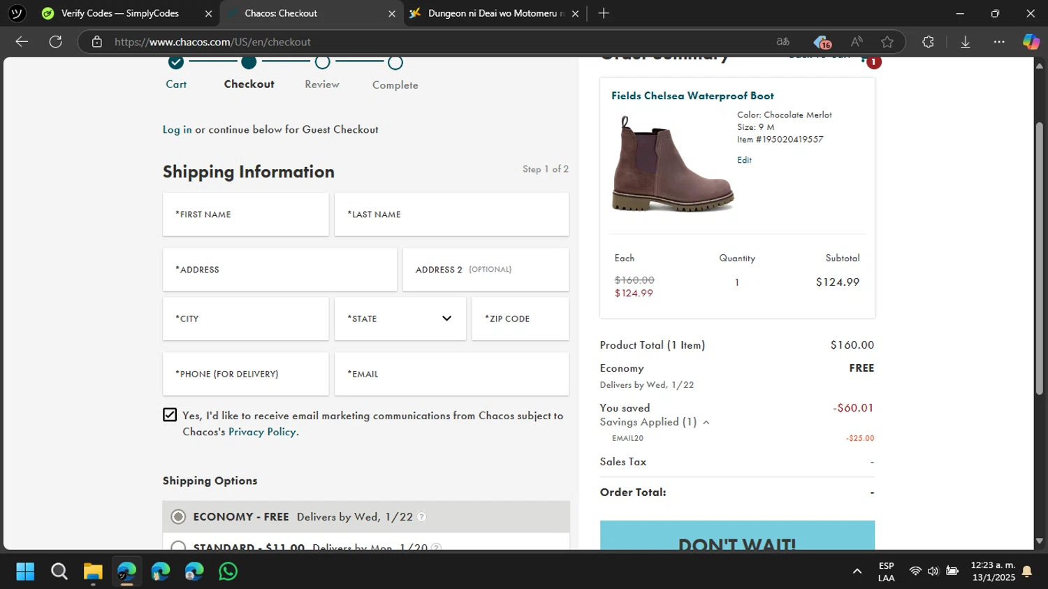 Chaco promo code screenshot showing code EMAIL20 applied at Chaco checkout page. Uploaded by SimplyCodes community member DanielP on Jan 13, 2025