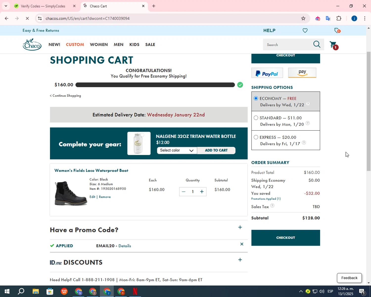 Chaco promo code screenshot showing code EMAIL20 applied at Chaco checkout page. Uploaded by SimplyCodes community member CashLegend3767 on Jan 13, 2025