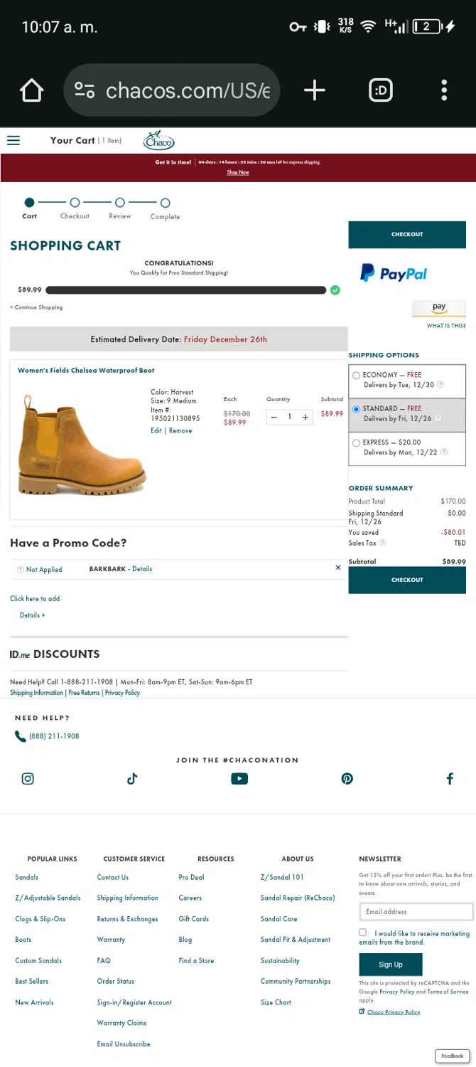 Chaco promo code screenshot showing code BARKBARK applied at Chaco checkout page. Uploaded by SimplyCodes community member Bernado on Dec 17, 2025
