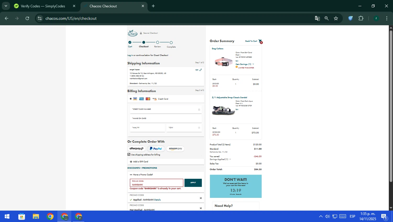 Chaco promo code screenshot showing code BARKBARK applied at Chaco checkout page. Uploaded by SimplyCodes community member rodri1 on Nov 14, 2025