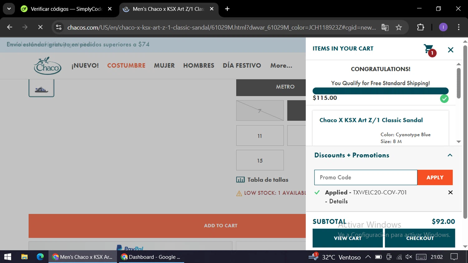 Chaco promo code screenshot showing code TXWELC20-COV-701 applied at Chaco checkout page. Uploaded by SimplyCodes community member AGP44456545 on Nov 30, 2025
