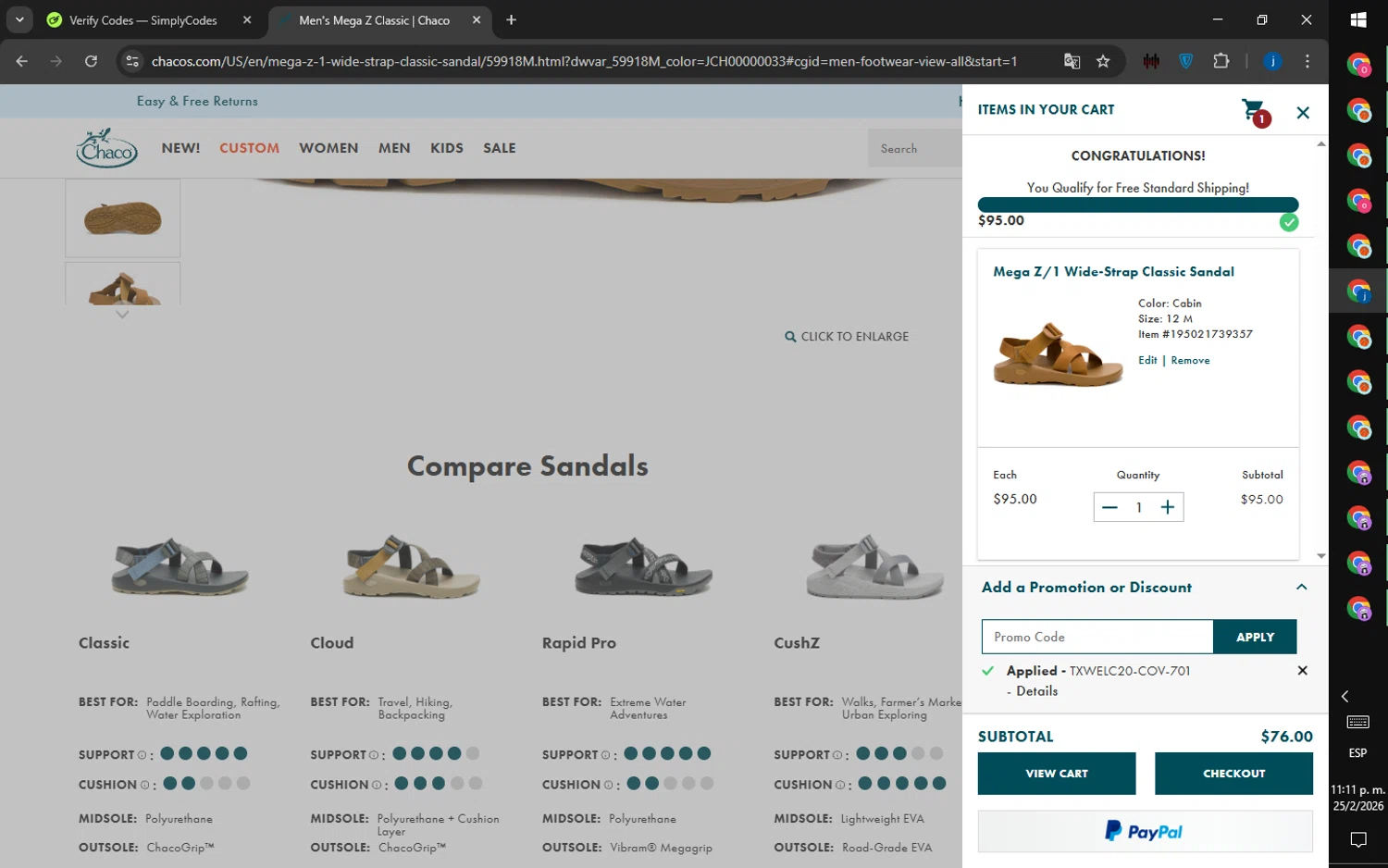 Chaco checkout page showing Chaco promo code box | Screenshot taken by SimplyCodes community member on Feb 26, 2026