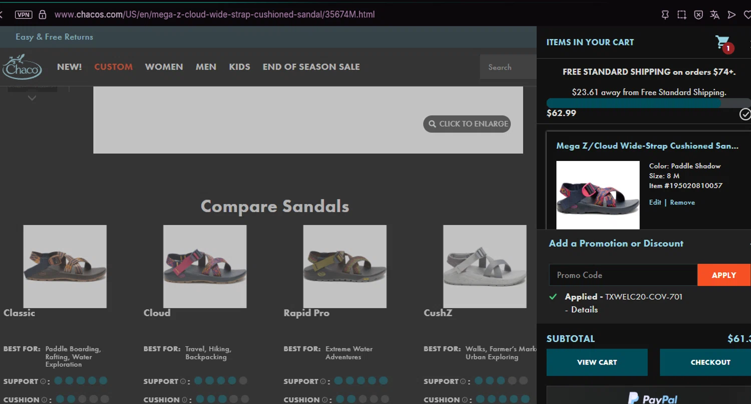 Chaco promo code screenshot showing code TXWELC20-COV-701 applied at Chaco checkout page. Uploaded by SimplyCodes community member chepipi on Aug 29, 2025