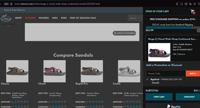 Chaco checkout page showing Chaco promo code box | Screenshot taken by SimplyCodes community member on Aug 29, 2025