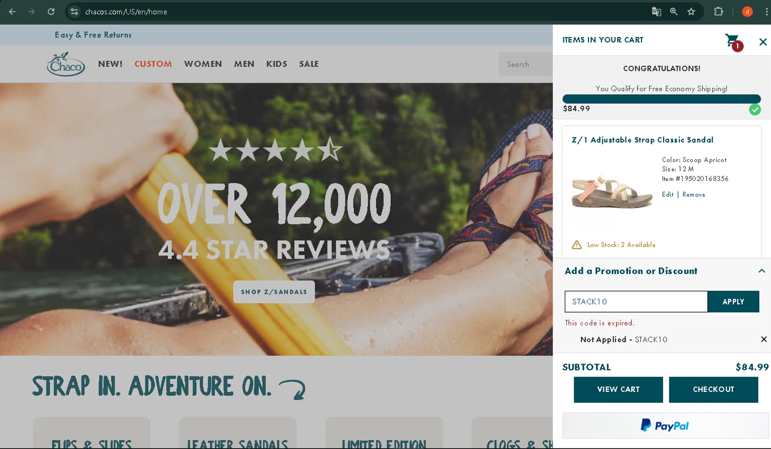 Chaco promo code screenshot showing code STACK10 applied at Chaco checkout page. Uploaded by SimplyCodes community member VictoriaMoyeda on Jul 5, 2025