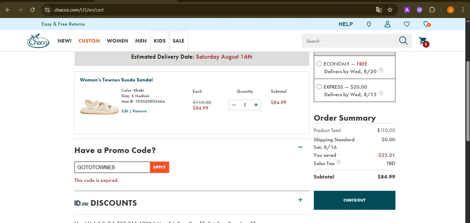 Chaco promo code screenshot showing code GOTOTOWNES applied at Chaco checkout page. Uploaded by SimplyCodes community member PennyAdmiral6960 on Aug 10, 2025