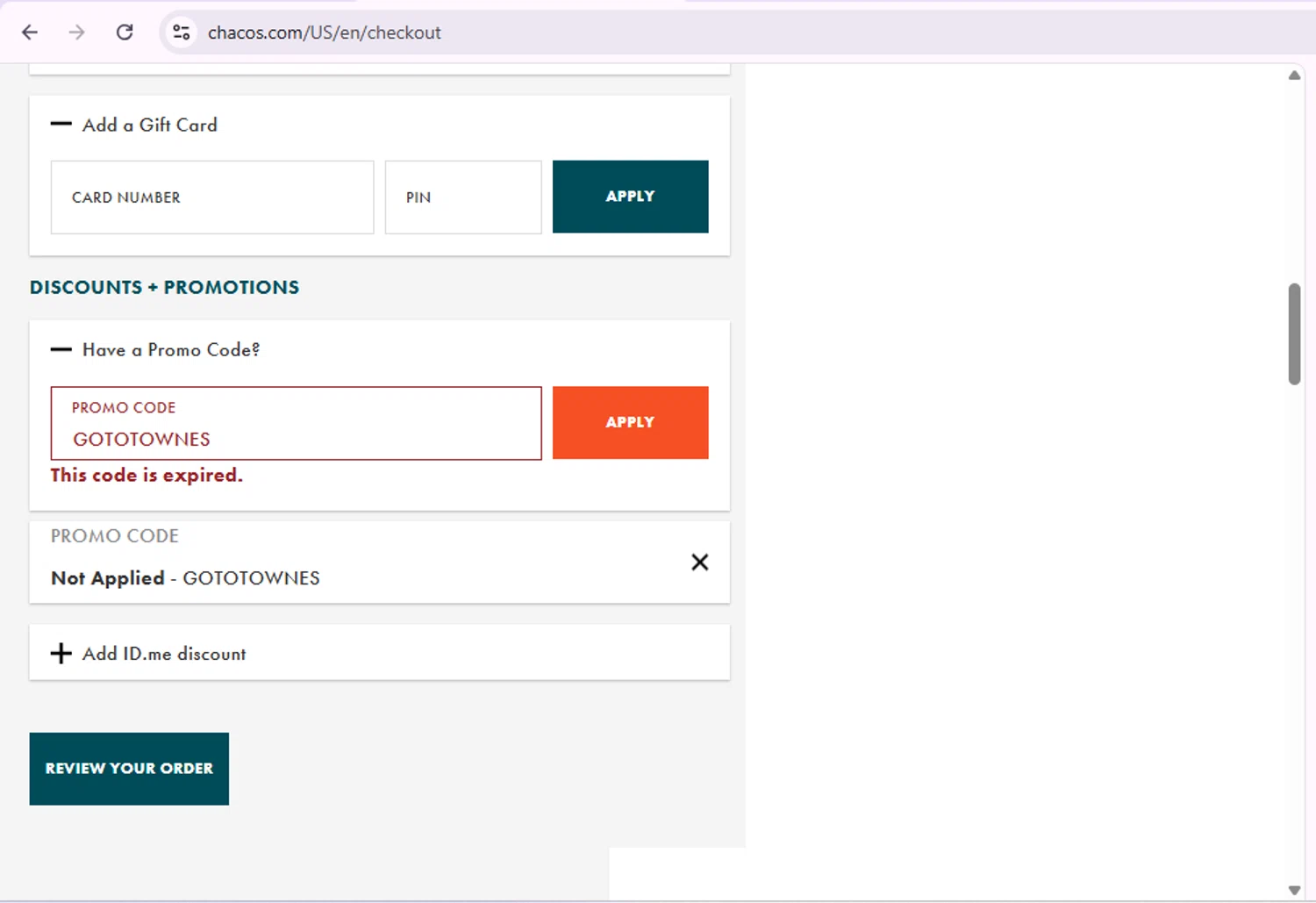 Chaco promo code screenshot showing code GOTOTOWNES applied at Chaco checkout page. Uploaded by SimplyCodes community member SaleSentinel7319 on Aug 10, 2025
