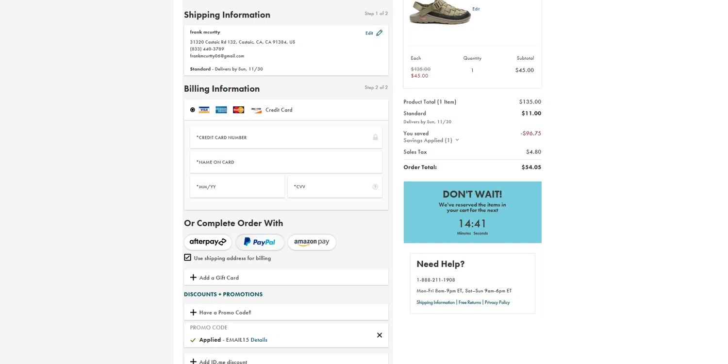Chaco promo code screenshot showing code email15 applied at Chaco checkout page. Uploaded by SimplyCodes community member BrilliantVoyager5752 on Nov 21, 2025