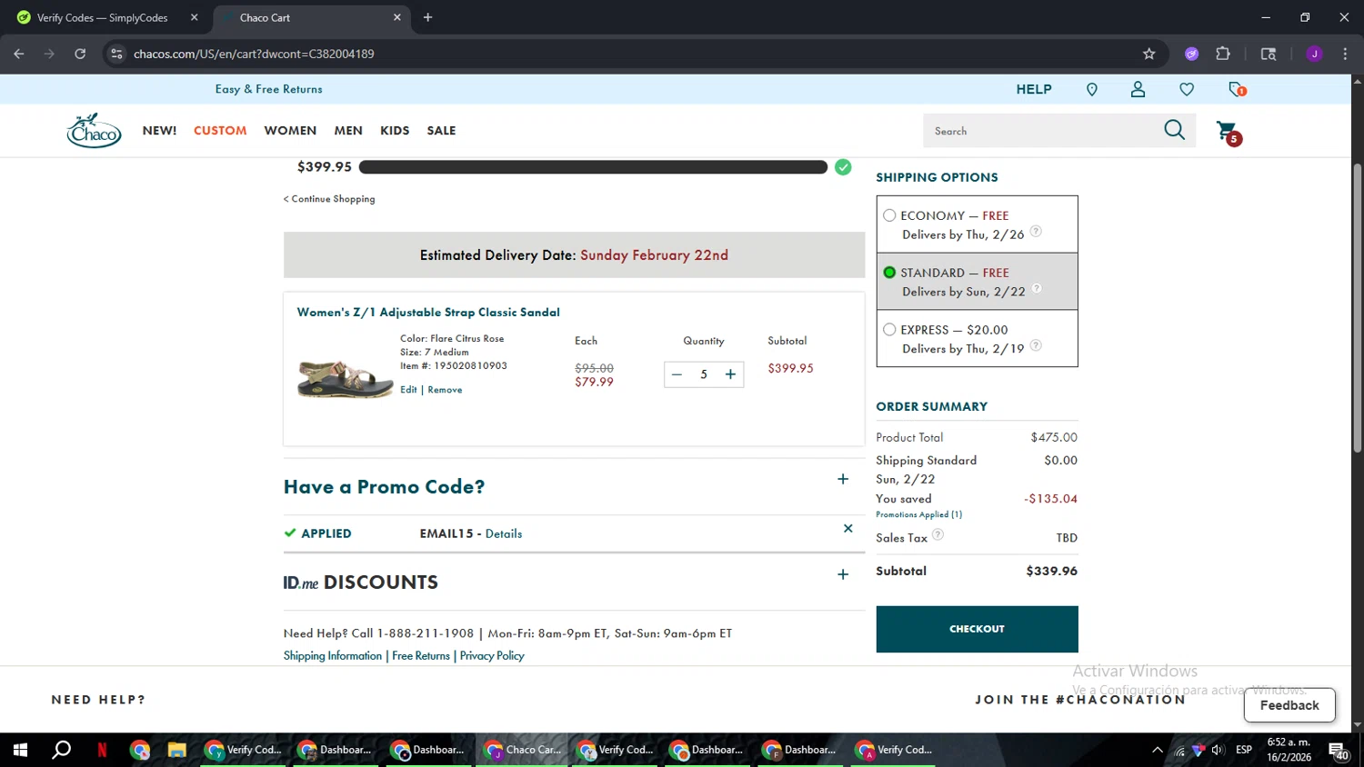 Chaco promo code screenshot showing code email15 applied at Chaco checkout page. Uploaded by SimplyCodes community member ComeBurra123 on Feb 16, 2026