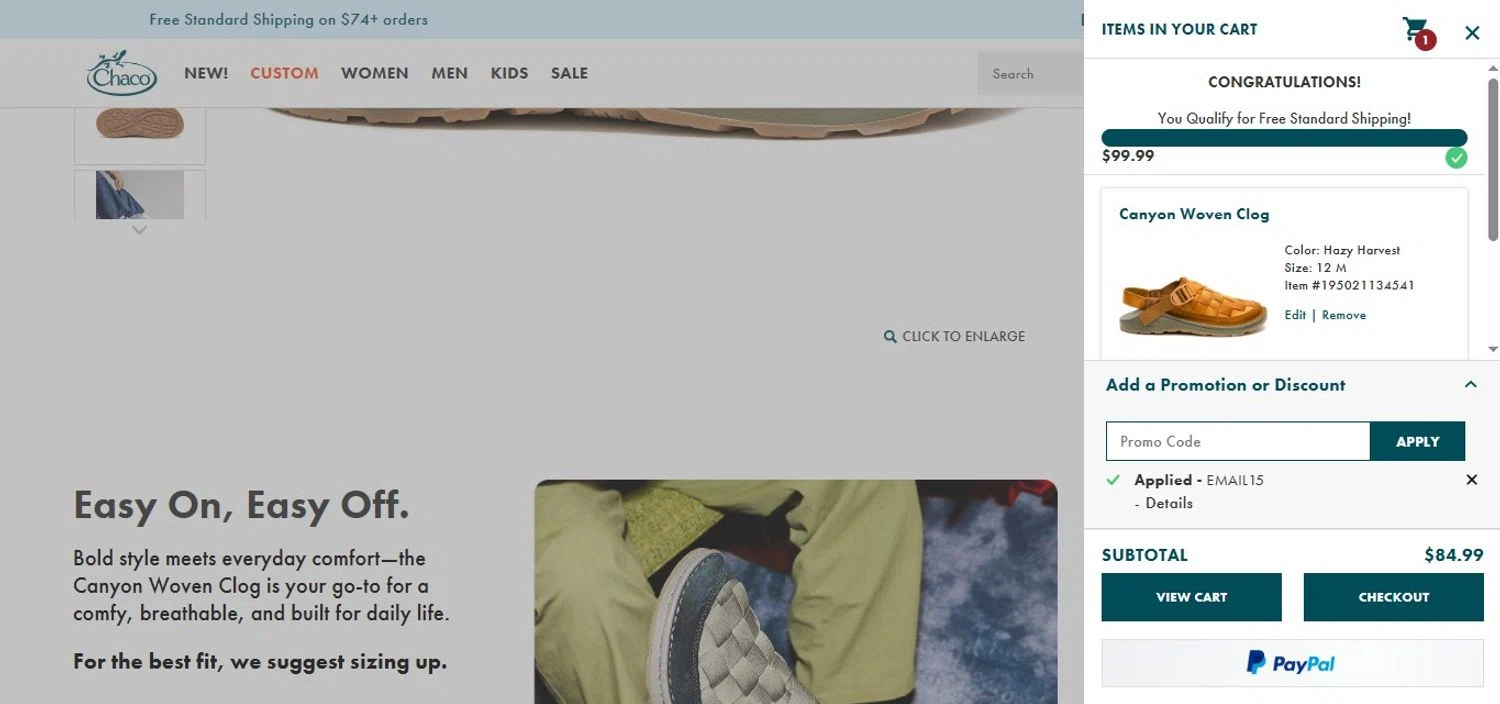 Chaco promo code screenshot showing code email15 applied at Chaco checkout page. Uploaded by SimplyCodes community member FortunateScholar5901 on Oct 19, 2025