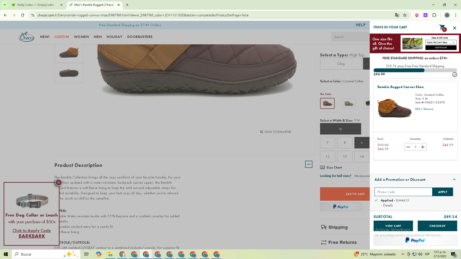 Chaco promo code screenshot showing code email15 applied at Chaco checkout page. Uploaded by SimplyCodes community member GoldRanger7074 on Dec 2, 2025