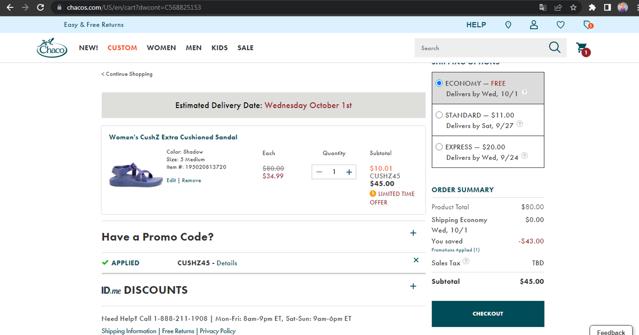 Chaco checkout page showing Chaco promo code box | Screenshot taken by SimplyCodes community member on Sep 21, 2025
