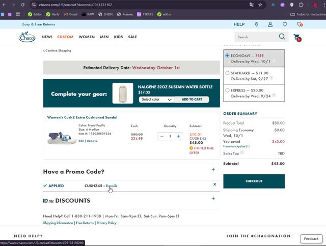 Chaco checkout page showing Chaco promo code box | Screenshot taken by SimplyCodes community member on Sep 21, 2025