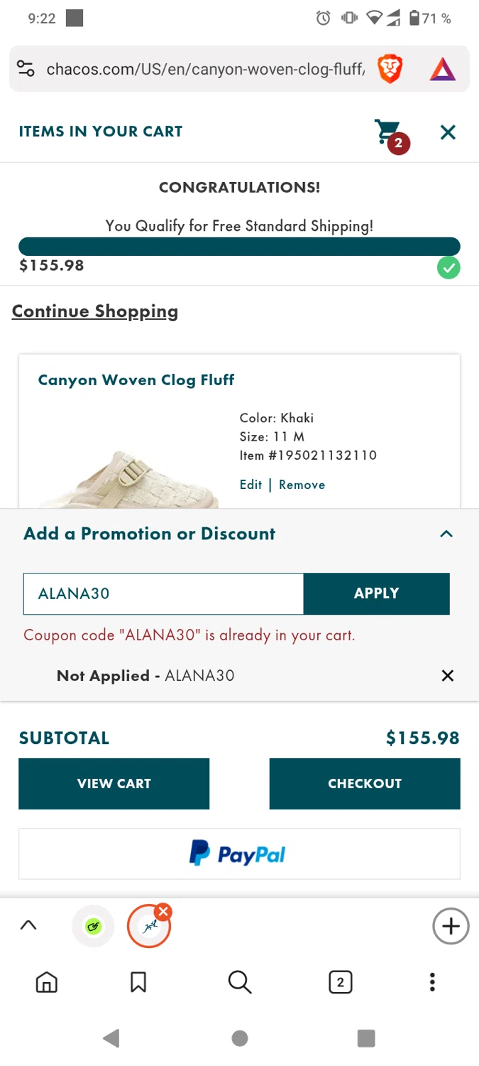 Chaco promo code screenshot showing code ALANA30 applied at Chaco checkout page. Uploaded by SimplyCodes community member Beaaalmera on Nov 12, 2025