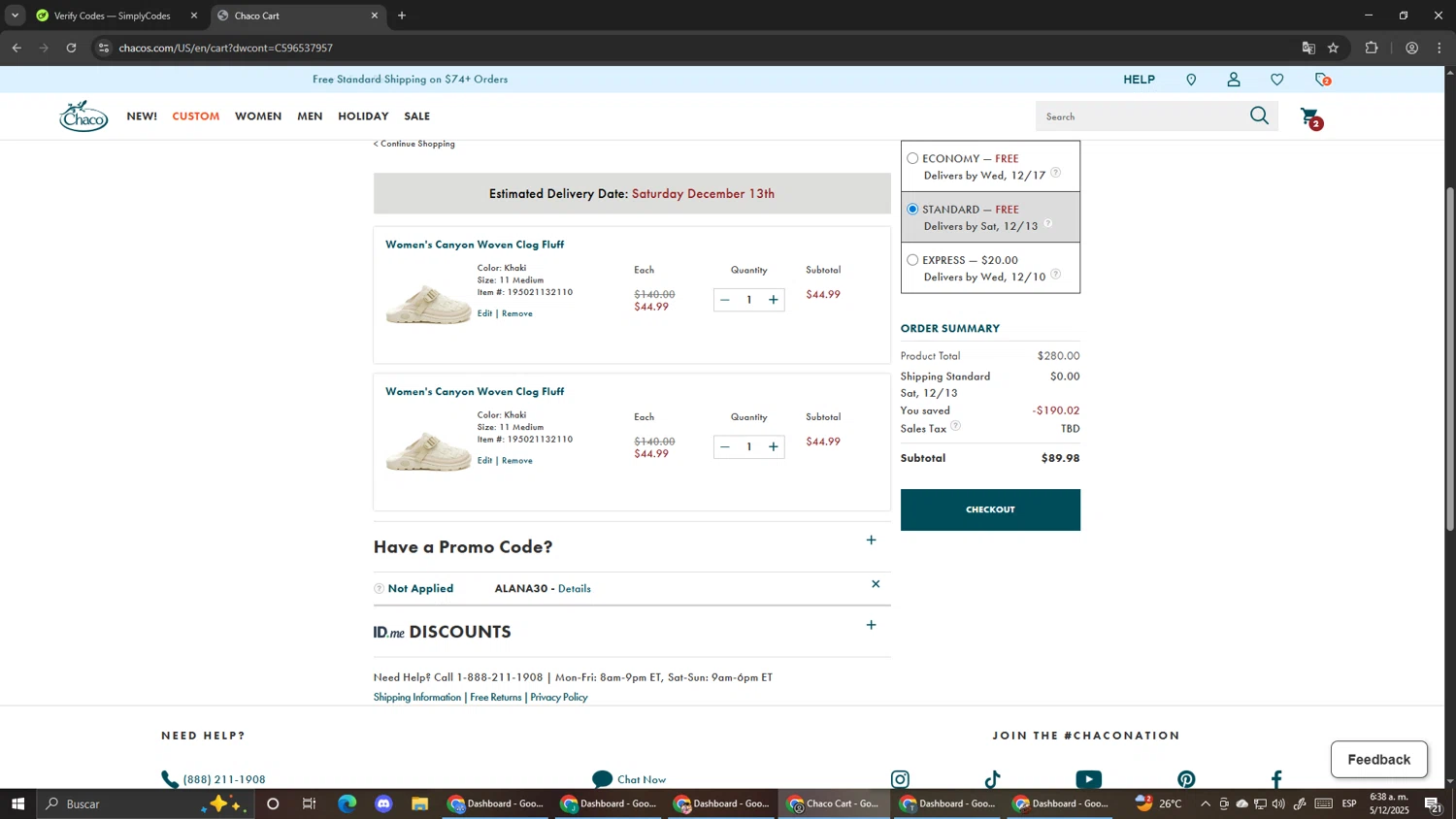 Chaco promo code screenshot showing code ALANA30 applied at Chaco checkout page. Uploaded by SimplyCodes community member Pirlo420 on Dec 5, 2025