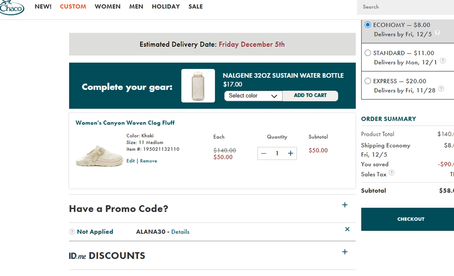 Chaco promo code screenshot showing code ALANA30 applied at Chaco checkout page. Uploaded by SimplyCodes community member Olorinnnnn on Nov 24, 2025