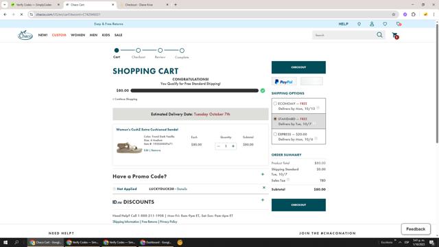 Chaco checkout page showing Chaco promo code box | Screenshot taken by SimplyCodes community member on Oct 1, 2025