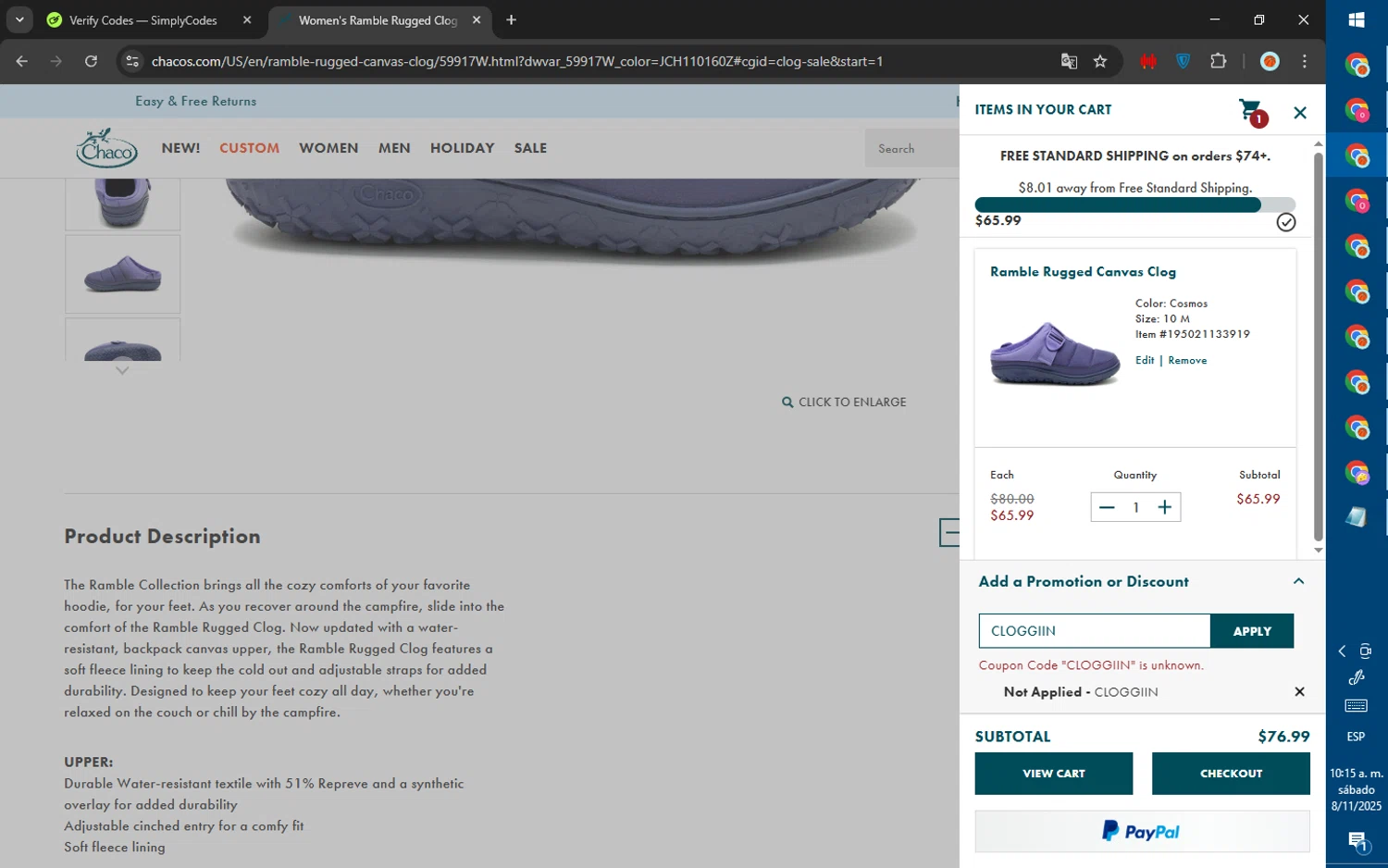 Chaco promo code screenshot showing code CLOGGIIN applied at Chaco checkout page. Uploaded by SimplyCodes community member ValiantWarden8956 on Nov 8, 2025