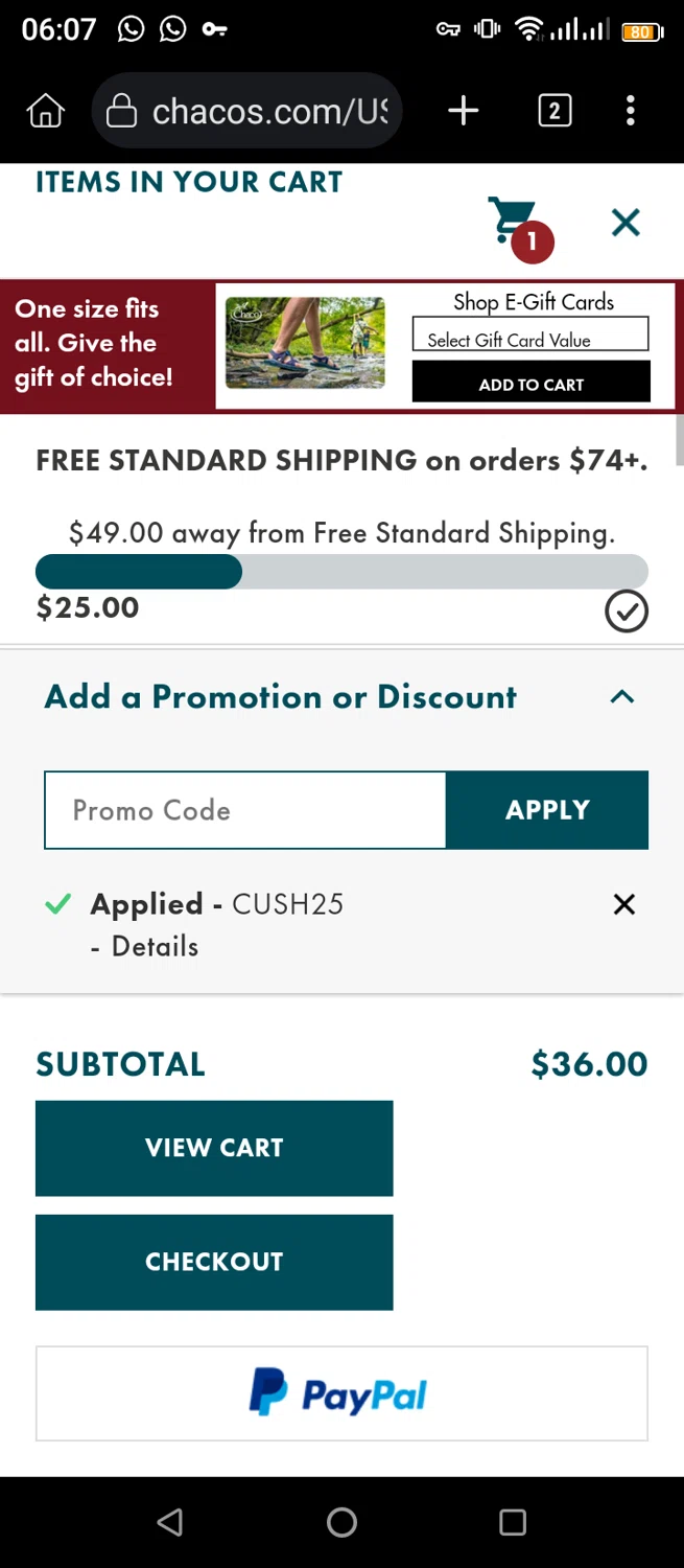 Chaco checkout page showing Chaco promo code box | Screenshot taken by SimplyCodes community member on Dec 21, 2025