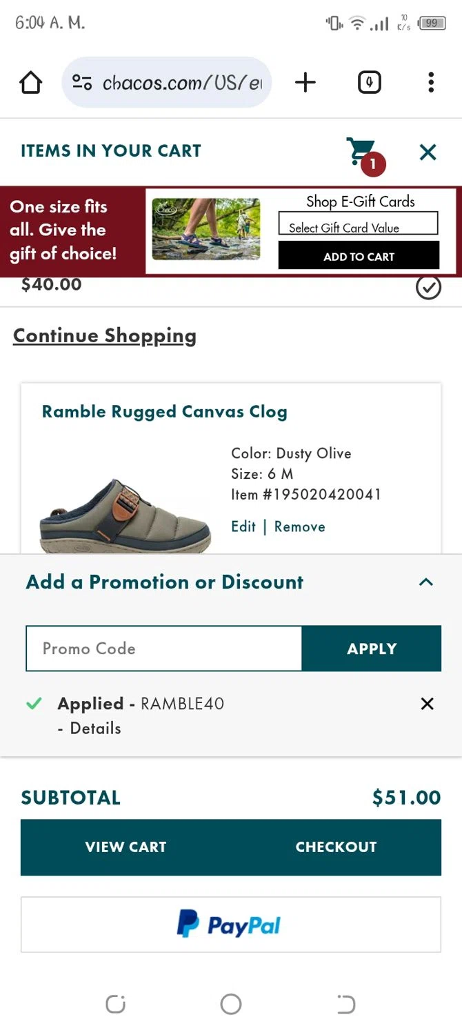 Chaco checkout page showing Chaco promo code box | Screenshot taken by SimplyCodes community member on Dec 21, 2025
