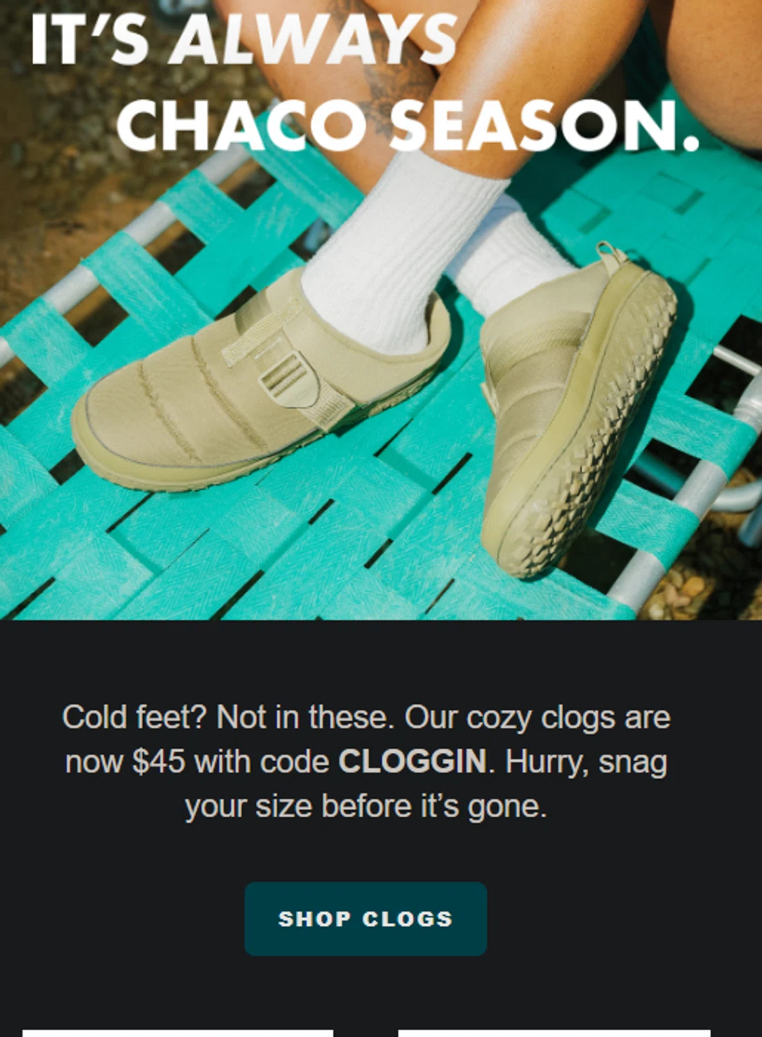 Chaco promo code screenshot showing code CLOGGIIN applied at Chaco checkout page. Uploaded by SimplyCodes community member idkxxx on Nov 8, 2025