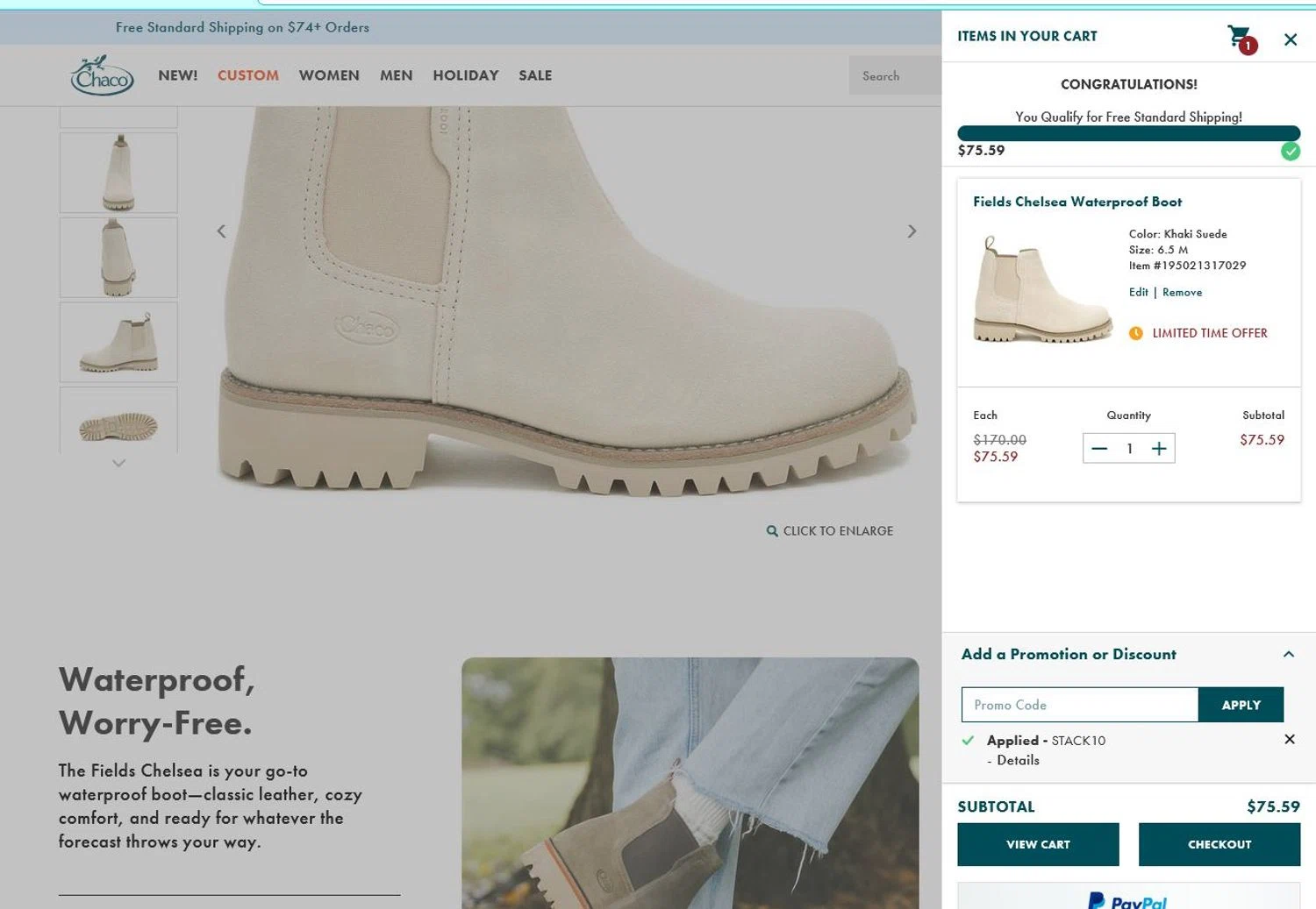 Chaco promo code screenshot showing code stack10 applied at Chaco checkout page. Uploaded by SimplyCodes community member stygian1 on Nov 18, 2025