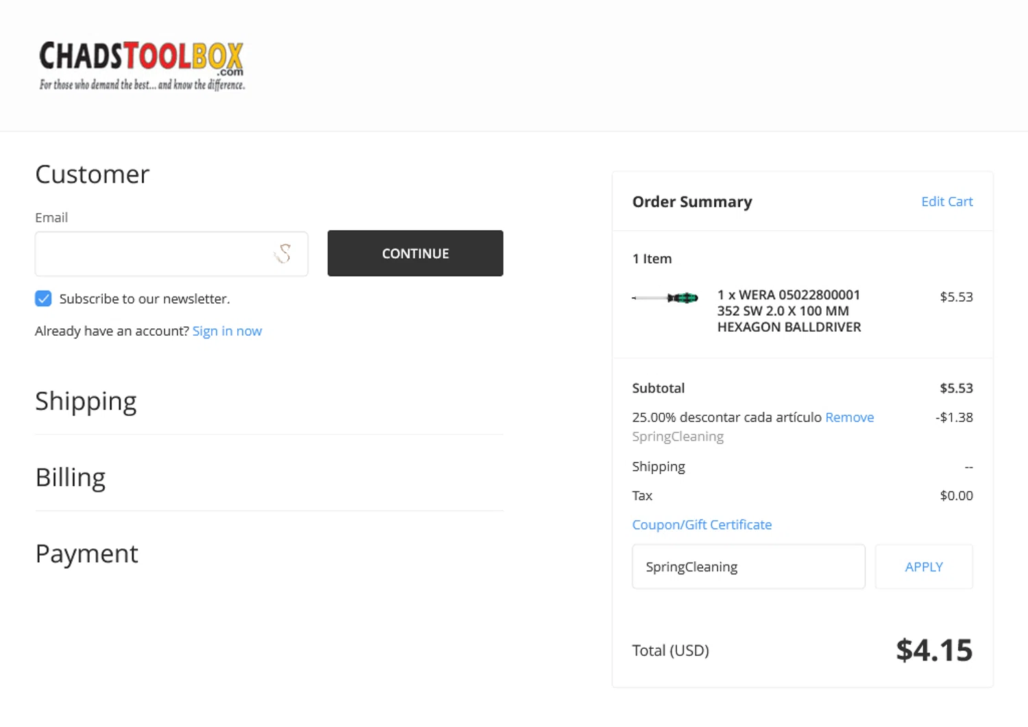 ChadsToolbox.com coupon code screenshot showing code SpringCleaning applied at ChadsToolbox.com checkout page. Uploaded by SimplyCodes community member Rossimar on Nov 8, 2025