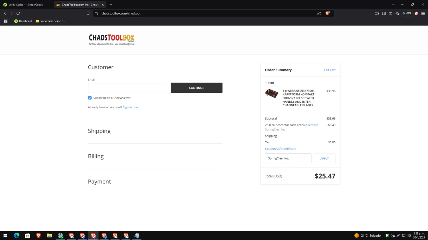 ChadsToolbox.com coupon code screenshot showing code SpringCleaning applied at ChadsToolbox.com checkout page. Uploaded by SimplyCodes community member CleverTracker4432 on Jan 30, 2025