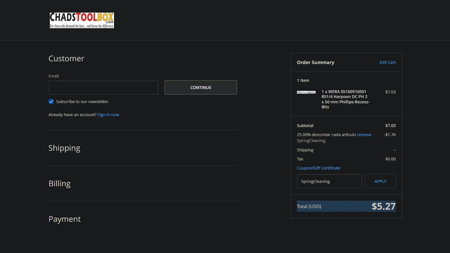 ChadsToolbox.com coupon code screenshot showing code SpringCleaning applied at ChadsToolbox.com checkout page. Uploaded by SimplyCodes community member CrownExpert4084 on Mar 8, 2025