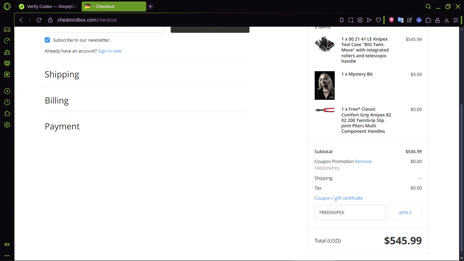 ChadsToolbox.com coupon code screenshot showing code FREEKNIPEX applied at ChadsToolbox.com checkout page. Uploaded by SimplyCodes community member CleverMaven2889 on Dec 15, 2025