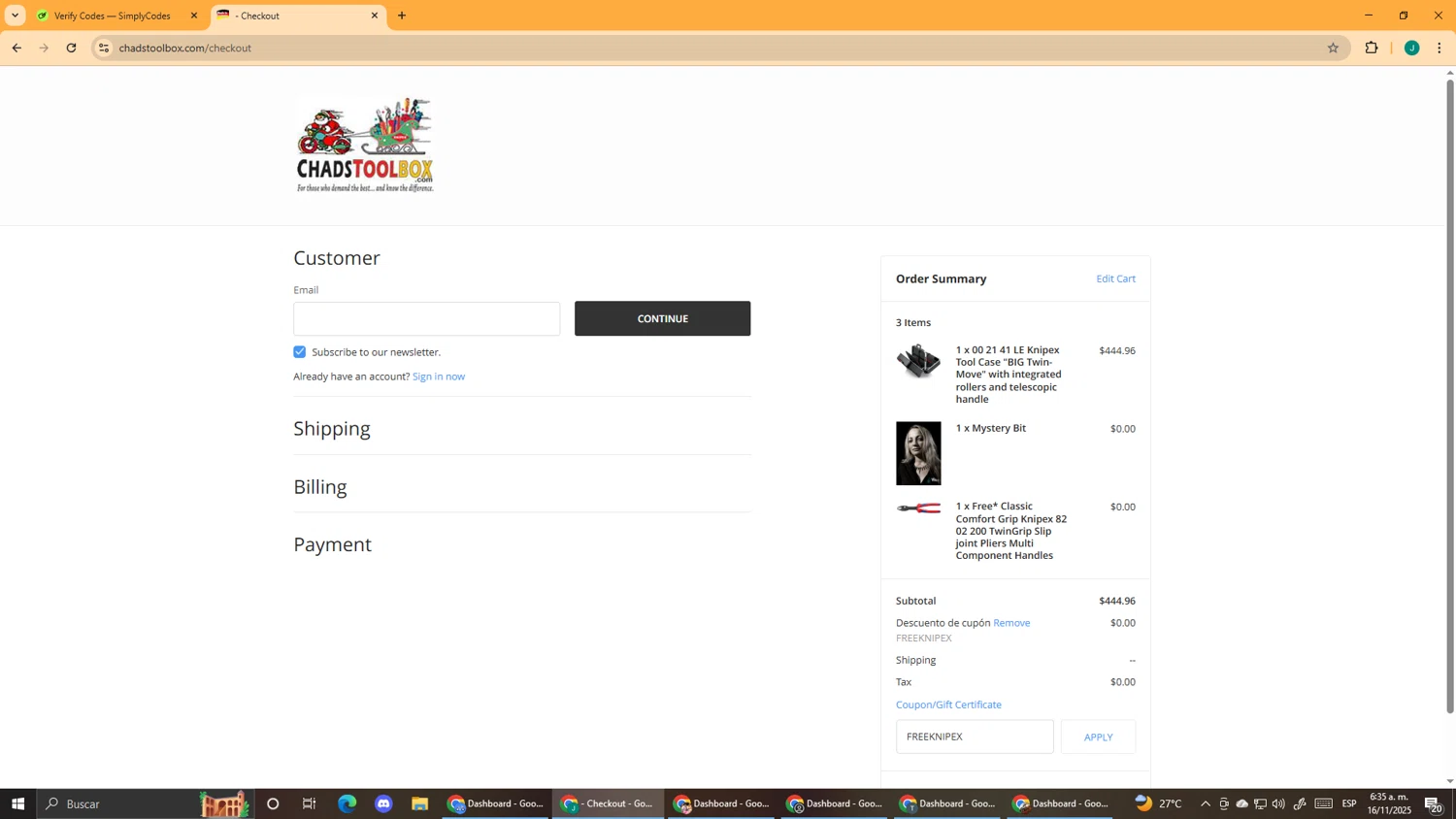 ChadsToolbox.com coupon code screenshot showing code FREEKNIPEX applied at ChadsToolbox.com checkout page. Uploaded by SimplyCodes community member DealScout5970 on Nov 16, 2025