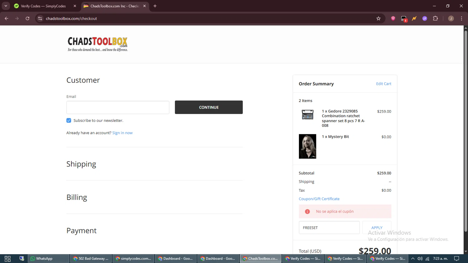 ChadsToolbox.com coupon code screenshot showing code FREESET applied at ChadsToolbox.com checkout page. Uploaded by SimplyCodes community member ShrewdAdmiral5920 on Jun 4, 2025
